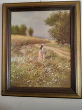 Ölgemälde Mädchen auf Blumenwiese signiert Holzrahmen