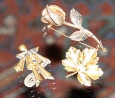 3 x Brosche Vintage Anstecknadel Harlekin Clown  Rose Ahorn Blatt edel vergoldet