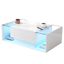 Couchtisch Kaffeetisch mit Schublade und LED-Lichtleiste Wohnzimmertisch, Weiß