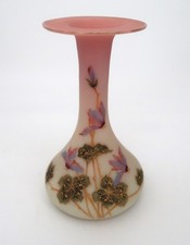 Jugendstilvase Milchglas Opalglas -Goldrand Polychrom Malerei Blumenmotiv