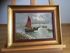 Gemälde Bild Fischerboote - Maler J. Horvath, Spanien, Vintage