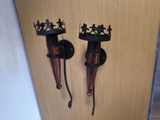 Vintage Wand-Kerzenhalter Paar - Metall und Holz Krone mit Figuren Deko