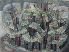 Zeichnung Tempera Mischtechnik Abstrahierende Hütten Hans Pluquet Signiert 1952