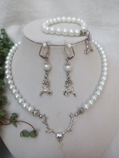 Trachtenschmuck-Set 3-tlg. mit edlen weißen Perlen und Hirsch-Geweih antiksilber