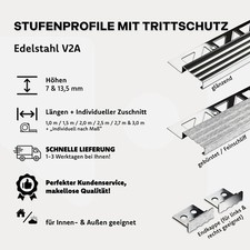 Treppenprofil Stufenprofil Edelstahl rutschhemmend Fliesen H9-13,5mm L2,5m/250cm