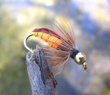 Gilchrist Fliegen. 3 x Goldkopfnymphen AMBER. Mit und ohne Widerhaken. Forellen.