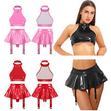 DE Sexy Dessous Damen Wetlook BH Crop Tank Top Lackleder Rock G-String Thong