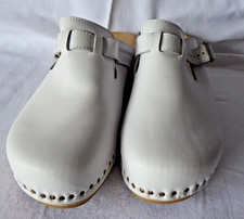 BERKEMANN Holzsandalen, Clogs, Toeffler,  Leder weiß, Gr. 45. ungetragen, 80er?