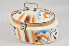 N92V26- Art Deco Keramik Deckeldose Spritzdekor Metallfassung