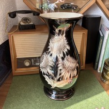 Vintage Keramik Bodenvase 50er 60er Schwarz Blumendekor Goldrand Jasba-Style