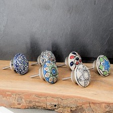 6er SET - Möbelknopf Bunt Porzellan Keramik  Montur Silber Shabby 45mm