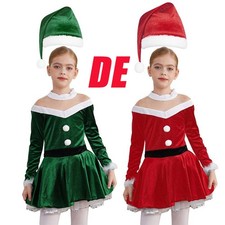DE Weihnachten Kostüm Kinder Weihnachtskleid Mädchen Samt Kleid Weihnachtshut 