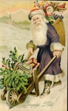 AK Weihnachten! Joyeux Noel! Weihnachtsmann, braun, Kiepe, Schubkarre um 1908