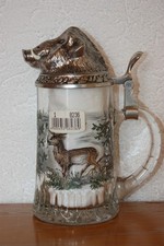 BMF Glas Bierkrug Zinnhaube Zinndeckel Wildschwein Wildsaukopf Jagdmotiv 0,5