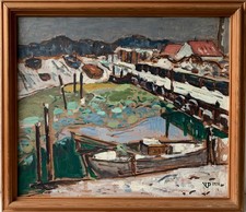 Ölbild Expressiv Winter im Hafen mit Booten VP Monogramm 1978 68,5 x 78,5 cm