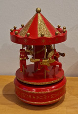 Weihnachten Deko Vintage Karussell Spieluhr mit Pferden in Rot Holz Jingle Bells