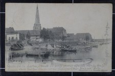 AK Travemünde Lübeck 1901 Bahnpoststempel Boote Ruderboote belebt Häuser Kirche