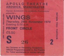 Wings Ticket Apollo Theatre Ardwick Manchester Original 29th November 1979