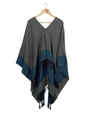 TCM Damen Poncho Grau Blau Fransen UNI Bohemian Stil