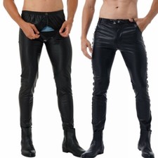 Herren Wetlook Leder Stretch Enge Hose Low Rise Bleistift Slim Hosen Lederhose
