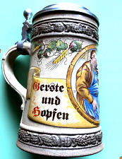 GERZ-Keramik-Bierkrug " Gerste und Hopfen gibt gute Tropfen " 0,5 L , Zinndeckel