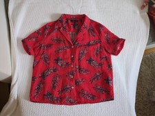 Bluse Sommer Smashed Lemon Gr 38/M rot/blau Federn/Blätter Motivdruck wie neu