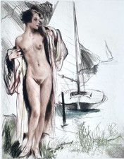 "Akt mit Boot" Farb-Radierung