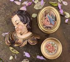 Set aus geschnitztem Barock-Engel, Petit Point- und Gobelin-Bild