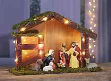 Weihnachtskrippe mit 9 Figuren ca. 30 x 10 x 20 cm Porzellan Moos Holz Batterie