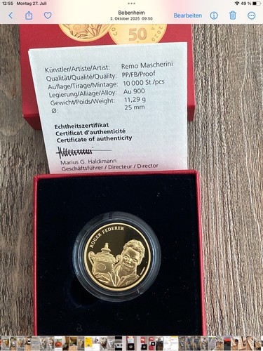 50fr goldmünze roger federer - 50fr.,
