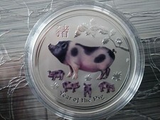 1 Unze / 1Oz Silber Lunar 2 Schwein Farbig von 2019