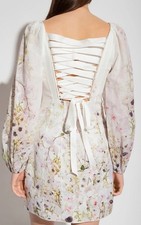 Zimmermann Leinenkleid Mini Corsage Schnürung Lace Up Weiß 1 Floral Blumen Kleid