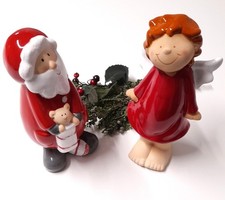 Weihnachtsmann m Weihnachtsengel Rot/Weiß/Grau  modern Keramik