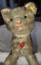 STEIFF Steif alte Katze "Tabby" ?  silberner Knopf - hart ausgestopft - bespielt