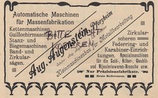 PFORZHEIM, Werbung 1912 Aug. Augenstein Klein-Maschinenbau für Metallbearbeitung