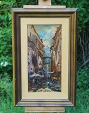 Vibrant Italian Street Market Scene with People and Architecture – Oil Painting
