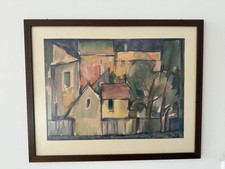 Impressionistische Landschaft mit Häuser Aquarell Unikat Signiert Aus Nachlass