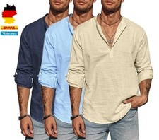 Herren Leinen Baumwolle Langarm Shirt Stehkragen Hemd Atmungsaktiv Freizeit