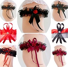 SEXY STRUMPFBAND SCHWARZ ROT PERLEN STRASS BRAUT HOCHZEIT VERSCH. MUSTER NEU