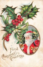 Antike Präge-Weihnachtskarte Von 1913 Mit Weihnachtsmann Und Stechpalme