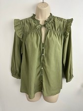 Zara Rüschen Puff 3/4 Arm Olivgrün Bluse Top Damen EUR M 