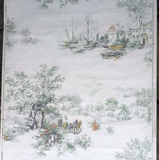 50er Jahre Tapete: Schiffe, Einmaster, Pferde, Brücke, Baum, Haus, roter Gibel