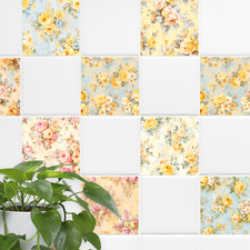 Fliesenaufkleber Bad & Küche Shabby Chic pastellgelbe Rosen Vintage Klebefliesen