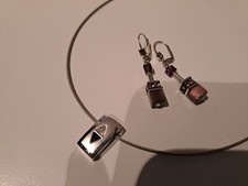 Ohrringe coeur de Leon bordeaux Silber  Stein 925 und Kette blauer Stein 