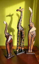 Giraffe und 2 Elefanten aus Holz, ca. 82 cm, Zoo, Afrika, Tierskulptur, Elefant