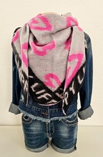 XL Dreieckstuch Halstuch Schal Viskose Wolle Herzen HAPPY LIFE Grau/Pink/Schwarz