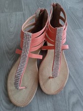 Damen Zehentrenner Sandaletten Gr.37 in hellem Korallenrot mit Strasssteinen