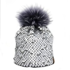 NORTON ausgefallene MÜTZE Echt Fell Bommel Pailletten Fleece Gefüttert NP 149