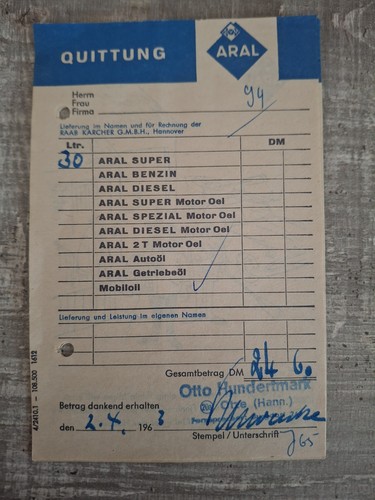 Alte rechnung aral - rechnung., 1962