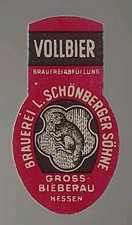 Bierfl. Kordel Etikett Brauerei L. Schönberger Söhne Gross-Bieberau Vollbier